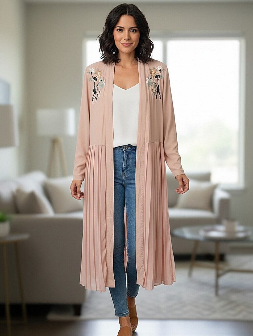 NWT! Lulu's Sheer Blush Floral Embroidered Long Cardigan